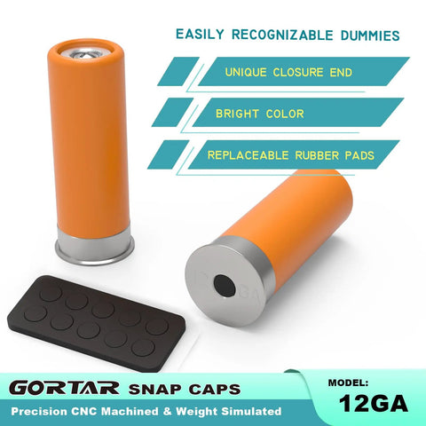 12 Gauge Snap Caps Training Rounds Set For Safe Loading And Dry Fire Practice, showing orange dummy rounds and rubber pads