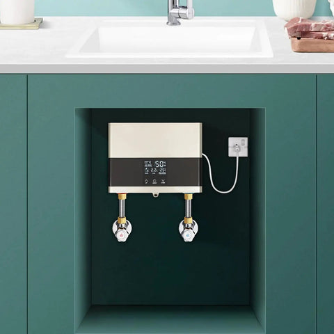 No Fuss Electric Tankless Water Heater Delivers Instant Hot Water On Demand, 4000W, mounted under sink.