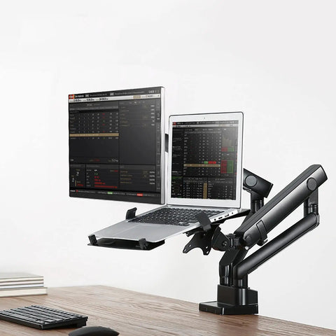 Adjustable Dual Monitor Arm Desk Mount With Smooth Mechanical Spring Height Tilt Swivel Rock Solid Clamp Base for screens and laptop.