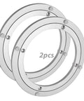 Front view of two 8-inch aluminum Lazy Susan bearings with mounting holes