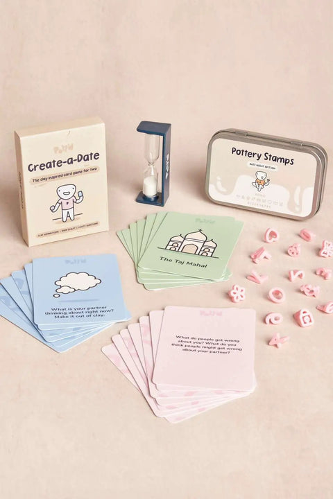 Date Night Special Edition Air Dry Clay Kit For Adults With icons, cards, timer, and pottery stamps for creative sessions