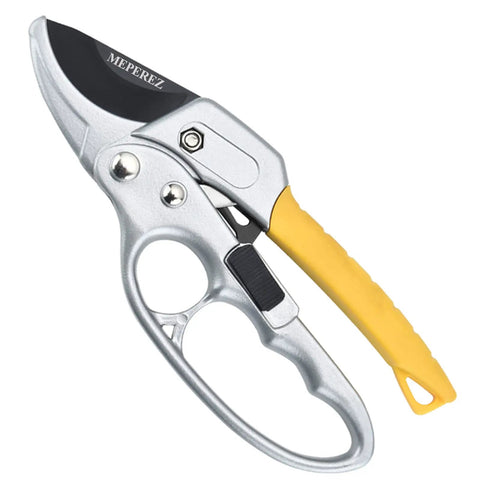 Premium German Pruning Shears with yellow ergonomic handle and sharp silver blade, ideal for easy yard work and fresh plant cuts.
