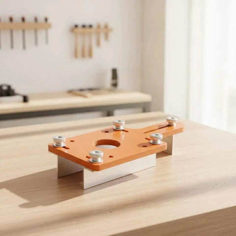 Precision Slotting Router Guide Jig Template Featuring Adjustable Clamping Block And Heavy Duty Metal Plate on workbench.