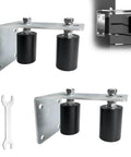 Two Pack 3-Inch Sliding Gate Rollers With Adjustable Guide Bracket, Beefy Nylon Guider And Steel L Bracket, Heavy Duty Sliding Gate Kit For Barn Doors, Black Finish, One Fifth Inch Steel Construction, shown with wrench and mounted on gate.
