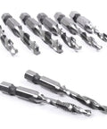 All Purpose Combination Drill And Tap Bit Set Hex Shank HSS Steel Hella Durable Screw Tapping Deburring Countersinking 10 Pack Tool Kit For Professionals - Close-up of drill and tap bits showing hex shank.