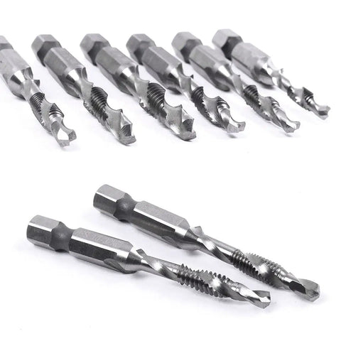 All Purpose Combination Drill And Tap Bit Set Hex Shank HSS Steel Hella Durable Screw Tapping Deburring Countersinking 10 Pack Tool Kit For Professionals - Close-up of drill and tap bits showing hex shank.