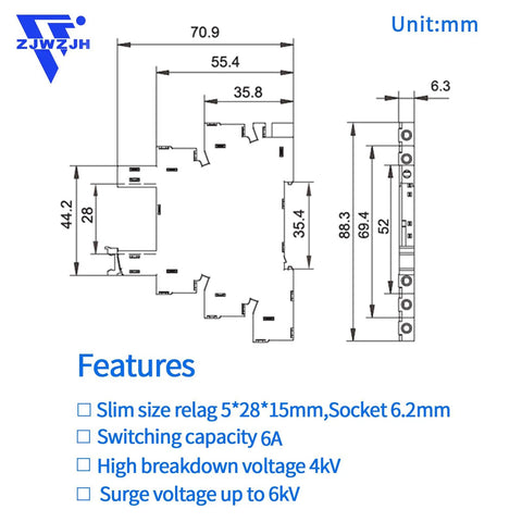 Dimensions of Ultra Compact 110V AC DC Power Relay With LED Indicator No Fuss Easy Install SPDT 1NO 1NC 6 Amp Socket Base And DIN Rail Mount UL Listed 110V To 120V Subminiature Relay HF41F60ZS Style, showing relay measurements and specifications