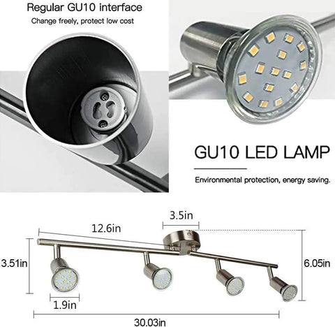 Diagram and close-up of Sleek Modern LED 4-Light Track Lighting Kit With Flush Mount For Wall Or Ceiling, GU10 bulbs shown