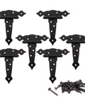 Six Pack Heavy Duty 5 Inch Gate Hinges Strap Hinges for Barn Doors with mounting screws, durable iron construction, black finish.