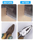 Before and after showing results of using Dipisuta Cordless Mini Bench Grinder Polisher for metal sharpening.