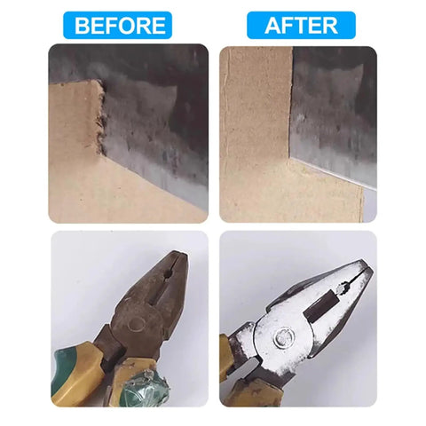 Before and after showing results of using Dipisuta Cordless Mini Bench Grinder Polisher for metal sharpening.