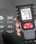 Nailed It Digital Stud Finder Wall Scanner in hand showing display features and detection options for DIY projects.