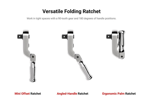 Three Eighths Inch Drive Folding Quick Release Stubby Ratchet With Angled Handle And 180 Degree Non Locking Joint Range