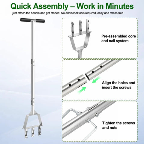 Manual Core Aerator Lawn Tool With Stainless Steel Tines showcasing assembly details with screws and nuts, pre-assembled core system.