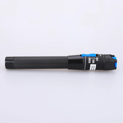 Side view of aluminum pen-type fiber optic VFL with blue switch and 2.5mm adapters.