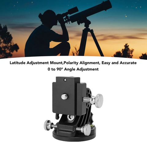 Latitude Adjustment Base For Telescope Mounts And Astronomy Gear Three Eighth Inch Quick Setup 0 To 90 Degree Adjustable Equatorial Wedge Mount For Stable Tracking And Precise Polar Alignment All Black against sunset view.