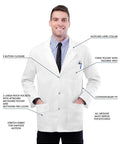 Legit Day Shift Ready Mens Snap Front Lab Coat In Crisp White With Breezy Stretch Fabric For Nurses Doctors And Med Students with 3 button closure.