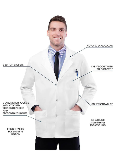 Legit Day Shift Ready Mens Snap Front Lab Coat In Crisp White With Breezy Stretch Fabric For Nurses Doctors And Med Students with 3 button closure.