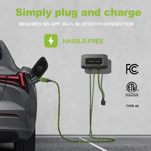 Level Two Ev Charger With 32 Amp 240 Volt Wallbox And 18 Foot Cord Sae J1772 Plug charging a vehicle with plugged-in cord