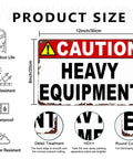 Caution Heavy Equipment Warning Metal Sign 8x12 Inch Aluminum Wall Decor with dimensions and durability features displayed.