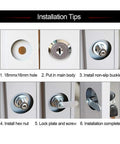 Chrome Finish Cam Lock Kit installation guide with steps; fits up to three eighth inch panel, keyed alike, zinc alloy construction.