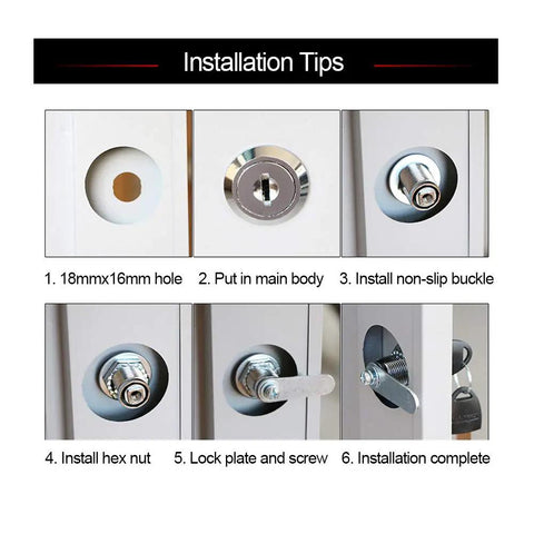Chrome Finish Cam Lock Kit installation guide with steps; fits up to three eighth inch panel, keyed alike, zinc alloy construction.