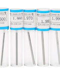 Pin Type Needle Gauge Set, 50 Pcs 1.5 to 1.99 mm with 0.01 mm Increments in clear tubes on display