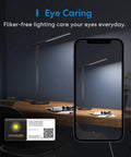 Smart LED Desk Lamp With Tunable White, Hands-Free Voice And App Control, displayed on a desk with eye caring text
