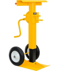 Heavy Duty Rugged Trailer Jack Stand With Slick Rolling Wheels, 41 To 55 Inch Adjustable Height Steel Base, Fold Away Hand Crank, Rock Solid For Shop Tasks with yellow design and sturdy steel base.