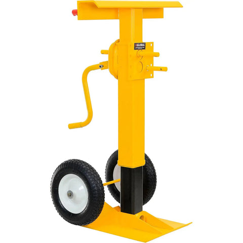 Heavy Duty Rugged Trailer Jack Stand With Slick Rolling Wheels, 41 To 55 Inch Adjustable Height Steel Base, Fold Away Hand Crank, Rock Solid For Shop Tasks with yellow design and sturdy steel base.