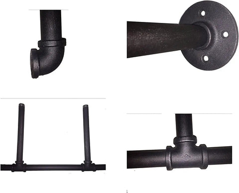 Industrial Retro Iron Pipe Shelf Kit components with elbow joint and mounting bracket for bookshelf system assembly