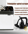 Electric Knock Box Coffee Portafilter Cleaner Machine That Knocks Grounds Fast With Two Heavy Duty Scrapers And An Extra Brush Head showing triangular scrapers and brush.