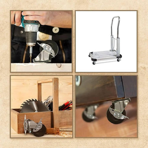 Collage featuring 12 Pack 2-Inch Swivel Casters With Brakes For Cart Or Equipment, showcasing installation and use with hard rubber wheels.