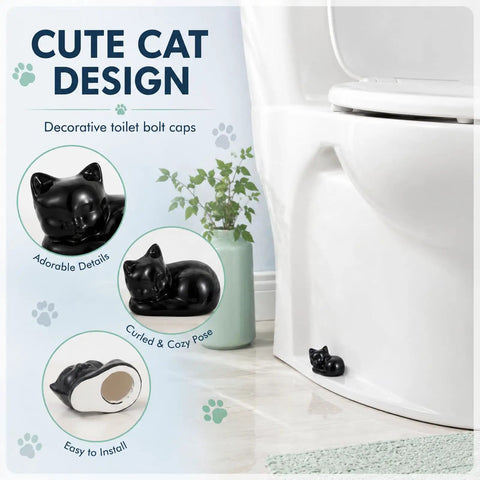 Straight Up Adorable Cat Shaped Ceramic Toilet Bolt Covers Plus Decorative Screw Knob Caps For Quick Bathroom Hardware Refresh, black cat design.
