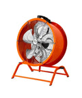 Built Like A Tank 20 Inch Heavy Duty Industrial Floor Fan With Oscillating Head Pumping Raw High Velocity Airflow To Keep Warehouse Factory Workshop Or Commercial Garage Cool in vibrant orange.