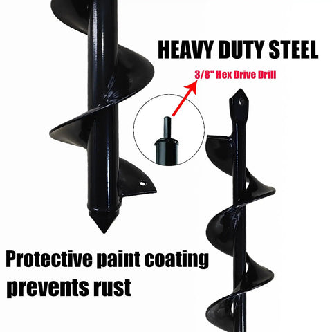 Two Size Garden Auger Drill Bits Set 3.5 x 16 and 1.6 x 16.8 Inch, heavy-duty steel, 3/8 inch hex drive, protective paint coating.