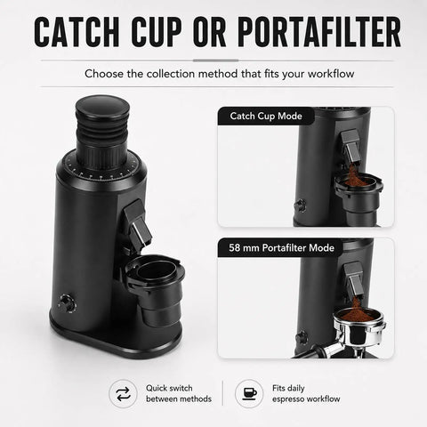 Game Changer 80 MM Flat Burr Coffee Grinder With Stepless Dial And Variable Speed Motor showing catch cup and portafilter modes.
