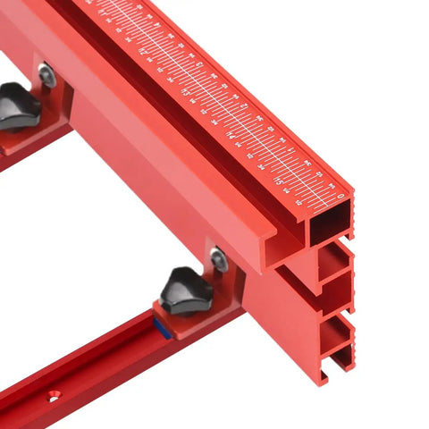 Close-up of Built Tough Aluminum T Track Table Fence System With Laser Measure for dead accurate cuts and woodworking projects.
