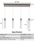 Dimensions and specifications of Crystal Bubble 4 Light Pendant For Kitchen Island, Lit Modern Brushed Nickel Ceiling Fixture.