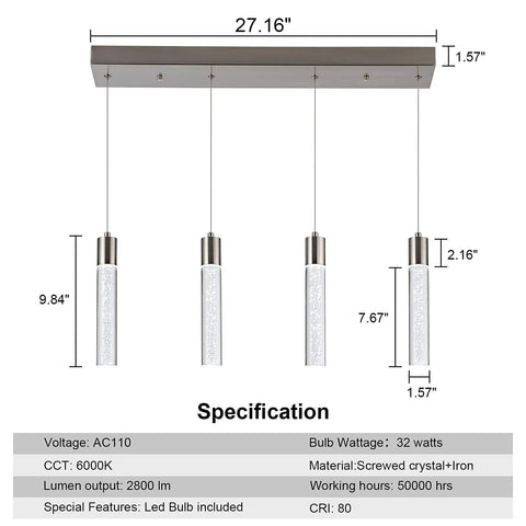 Dimensions and specifications of Crystal Bubble 4 Light Pendant For Kitchen Island, Lit Modern Brushed Nickel Ceiling Fixture.