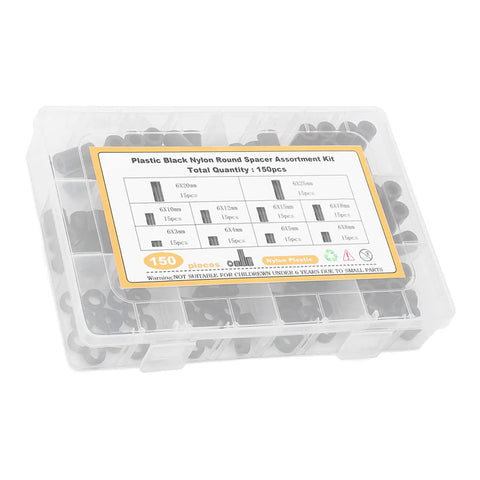 Pro Grade Nylon Spacer Assortment Kit With Heat And Wear Resistance For Electronics And DIY Projects, Lightweight Storage Helpers, Includes Multiple Sizes For Tight, Secure Mounts And Cushioning. clear plastic case with black nylon round spacers, 150 pieces, multiple sizes