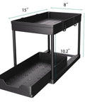 Heavy Duty Black Under Sink Organizer 2 Pack With Smooth Glide Sliding Drawers For Bathroom Cabinet, showing dimensions 15" x 8" x 13".