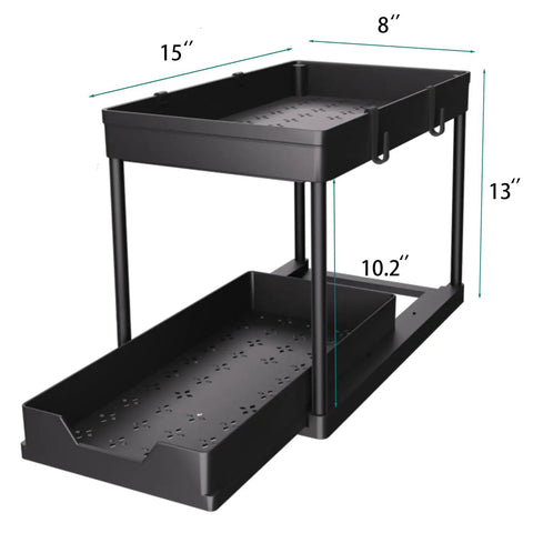 Heavy Duty Black Under Sink Organizer 2 Pack With Smooth Glide Sliding Drawers For Bathroom Cabinet, showing dimensions 15" x 8" x 13".