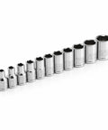 Heavy Duty 11 Piece 1/4 Inch Drive SAE Socket Set With Six Point Chrome Vanadium Heads arranged in 11 sizes.