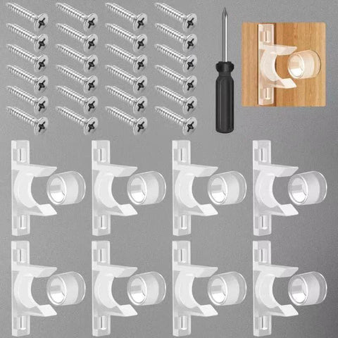 8 Sets False Front Cabinet Clips Replacement Kit For Kitchen Cabinet Doors And Drawers Includes Sink Clips Tip Out Tray Kit And Matching Screwdriver In High Quality Transparent Plastic, with screws and screwdriver visible.