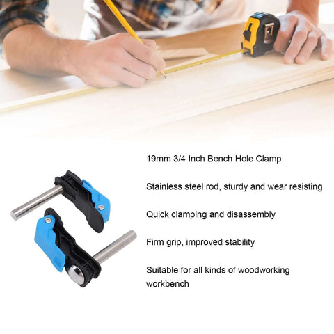 Two Pack Adjustable 19mm Bench Dog Hole Clamps for woodworking with durable engineered plastic and stainless steel construction.