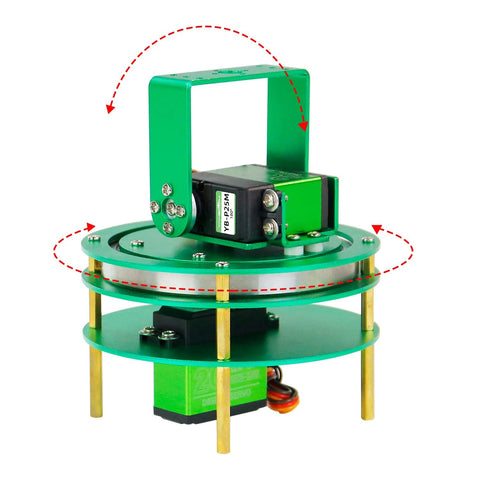 Yahboom 2-DOF servo pan-tilt kit on a green circular layered base with metal bracket and servo