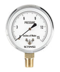 Low Pressure Gas Line Gauge With Capsule System, 0 To 15 Inches Of Water Column, 2.5 Inch Dial, One Quarter Inch NPT Lower Mount