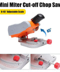 Compact Mini Table Saw And Miter Chop Cutter With 7800Rpm High Speed Steel Blades For Smooth Wood Metal Aluminum Plastic Cutting And Quick 45 Degree Bevel Adjustments No Sweat Badass Workhorse, showing adjustable 0-45° scale.