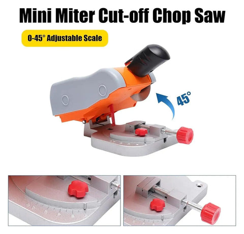 Compact Mini Table Saw And Miter Chop Cutter With 7800Rpm High Speed Steel Blades For Smooth Wood Metal Aluminum Plastic Cutting And Quick 45 Degree Bevel Adjustments No Sweat Badass Workhorse, showing adjustable 0-45° scale.